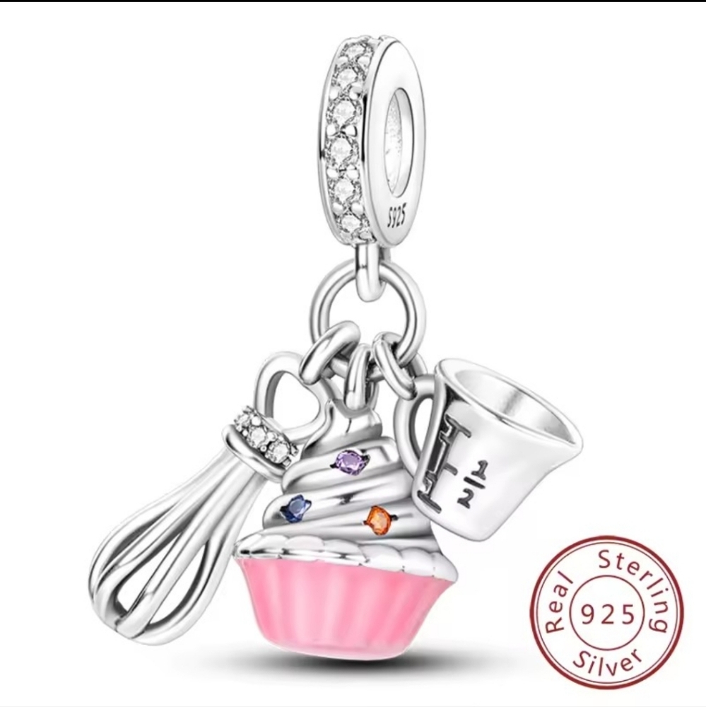 Sterling Silver Cupcake Charm with Pink Enamel